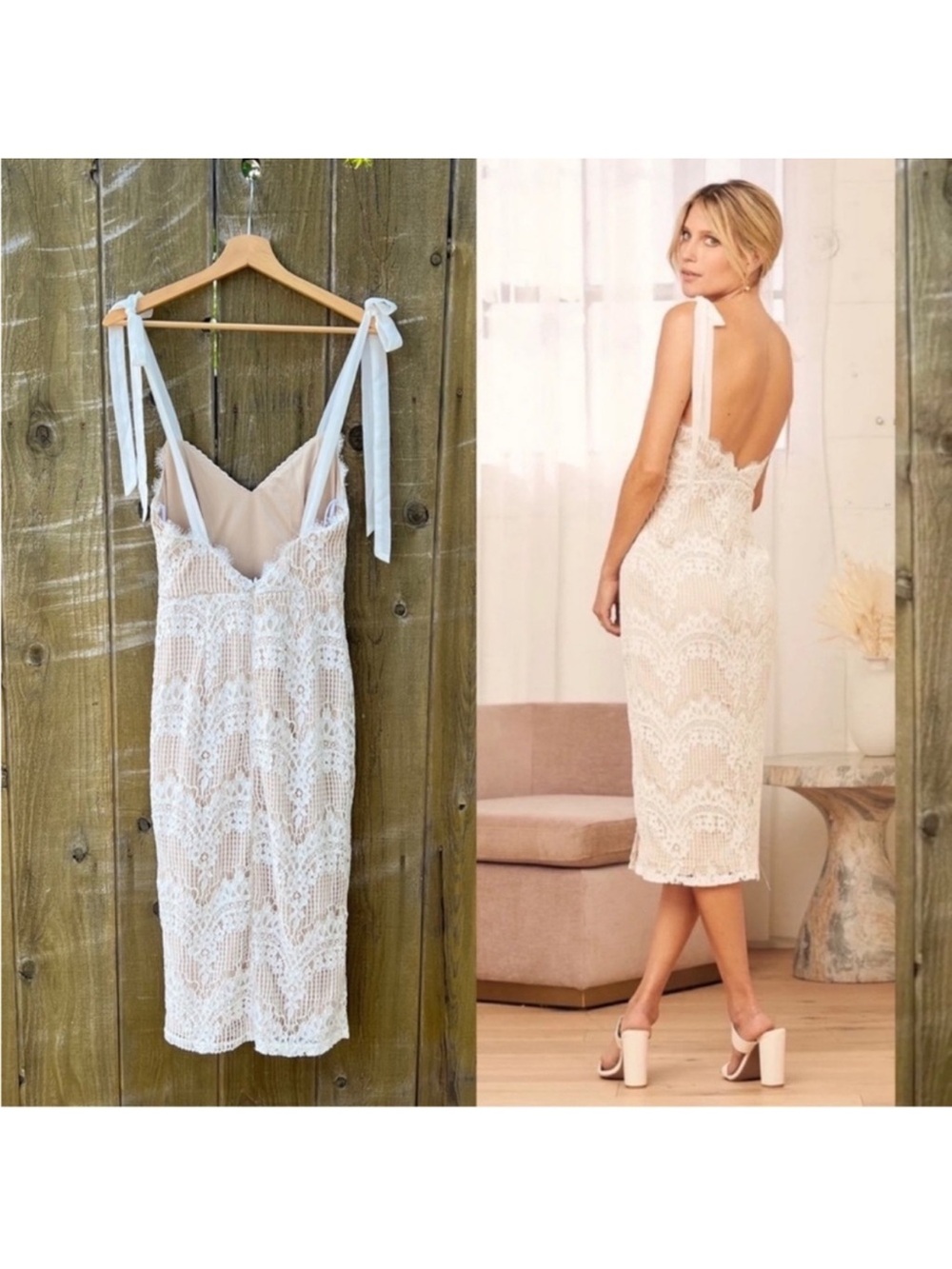 White Lace and Crochet Bow Tie-Strap Slip Dress 🌿